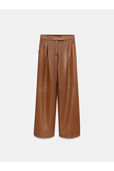 Dilvin 72238 Faux Leather Wide Leg Trousers-Caramel