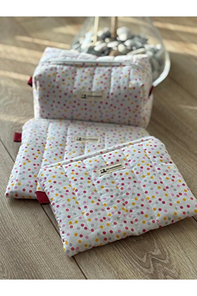 dyhandmade Puantiye Desenli Makyaj Çantası Seti