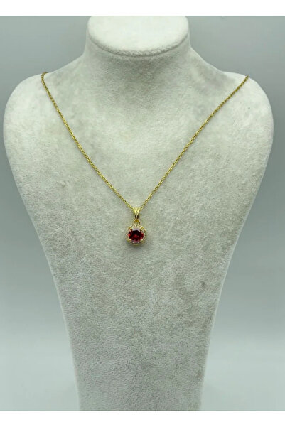 BİJU YILMAZ Steel Gold Red Stone Square Necklace - 25-Ctr21