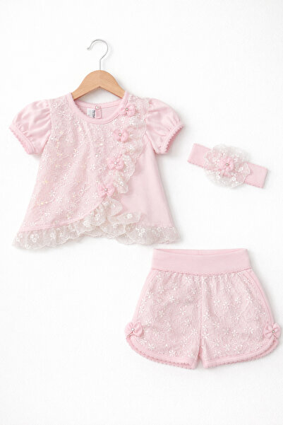 Kardeşler Bebe Baby Girl Lace Shorts Set & Headband – 3-Piece Pink