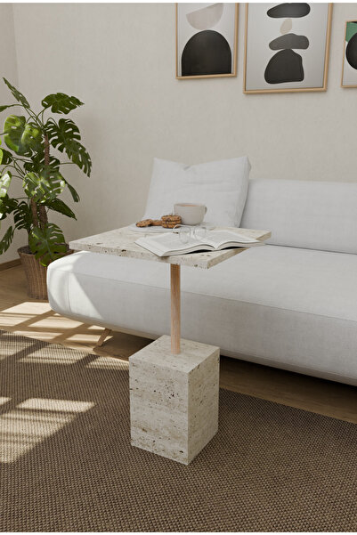 onehediye Traverten Yan Sehpa Koltuk Sehpası Zigon Sehpa Ahşap Gövde