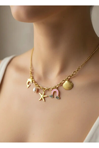 BİJU YILMAZ قلادة من الفولاذ مع حلية ذهبية - 25-clkk138