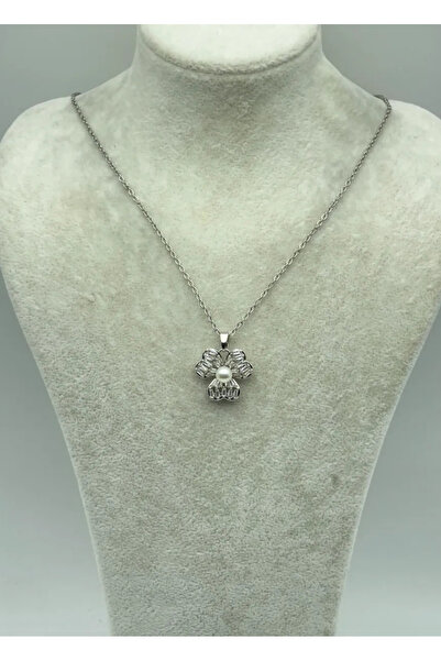 BİJU YILMAZ Steel Silver Pearl Flower Necklace - 25-Ctr262