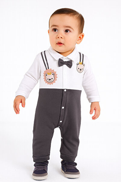 Stylein Baby Long Sleeve Romper with Bow Tie & Lion Print – White/Brown