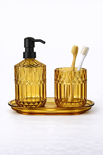 welcomein Cam Sıvı Sabunluk & Diş Fırçalık Seti – Tepsili, Füme Cam, Modern B...