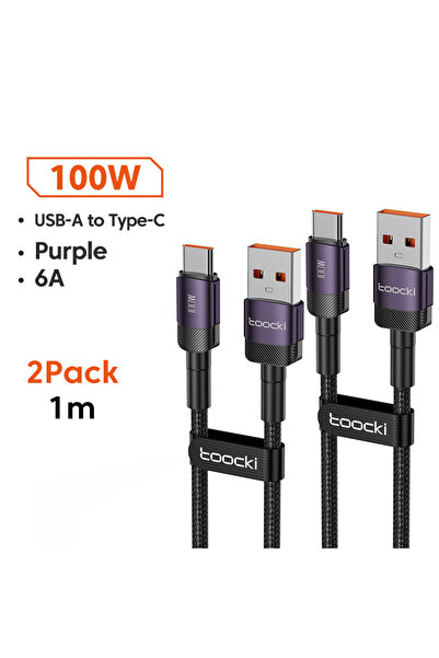 Toocki كابل USB إلى Type C بطول 1 متر، لون بنفسجي، قطعتان، 6 أمبير، لشحن سريع...