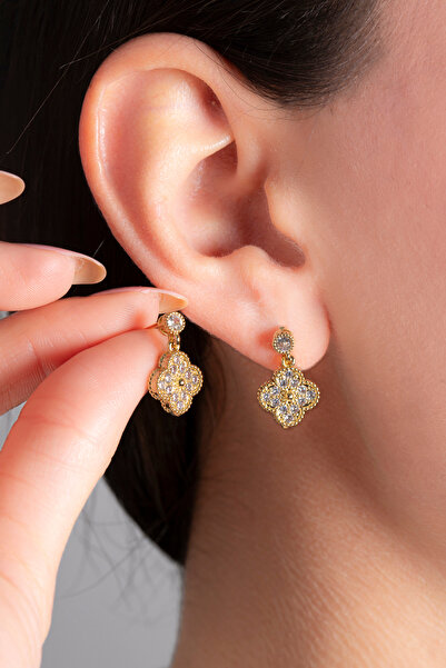 Elika Silver Gold Yonca Model Zarif Küpe