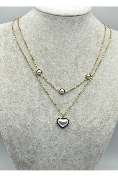 BİJU YILMAZ قلادة على شكل قلب من الذهب الصلب مع لؤلؤةين - 25-clkk189