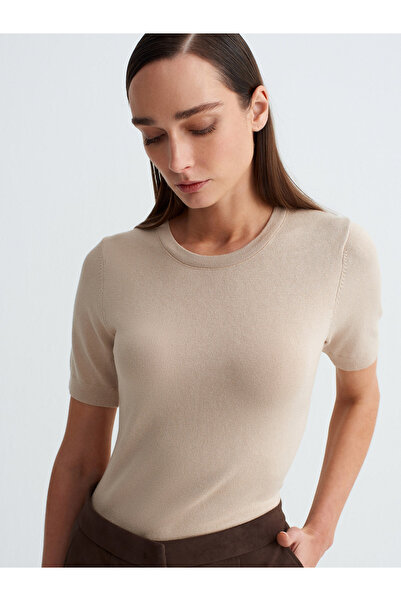 Dilvin 10779 Crew Neck Short Sleeve Knitwear Blouse-Light Beige