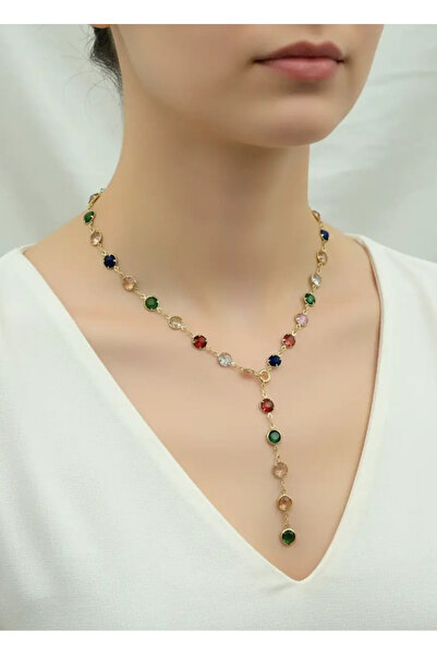 BİJU YILMAZ Steel Colorful Stone Y Necklace - 25-Clkk134