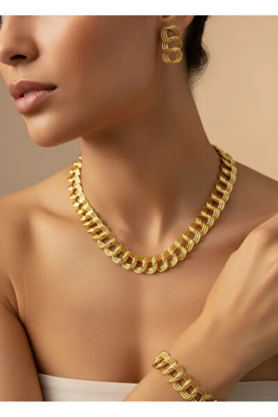 BİJU YILMAZ Vip 22K Altın Kaplama Kolye Küpe Bileklik Set - 25-22ks18