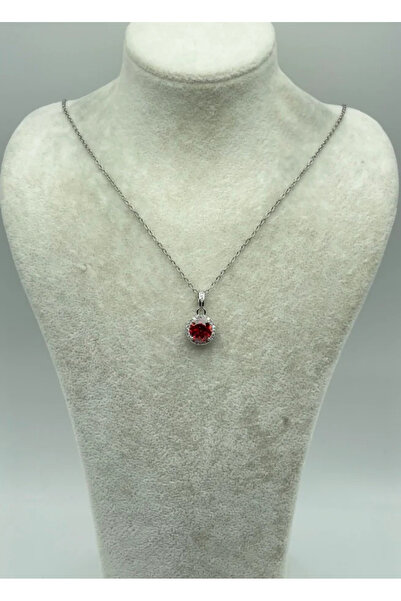 BİJU YILMAZ قلادة من الفولاذ الفضي مع حجر أحمر - 25-ctr191