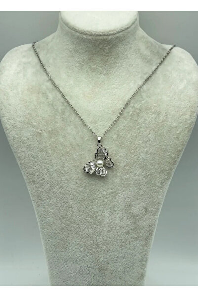 BİJU YILMAZ قلادة الفراشة الفضية اللؤلؤية من الصلب - 25-ctr260