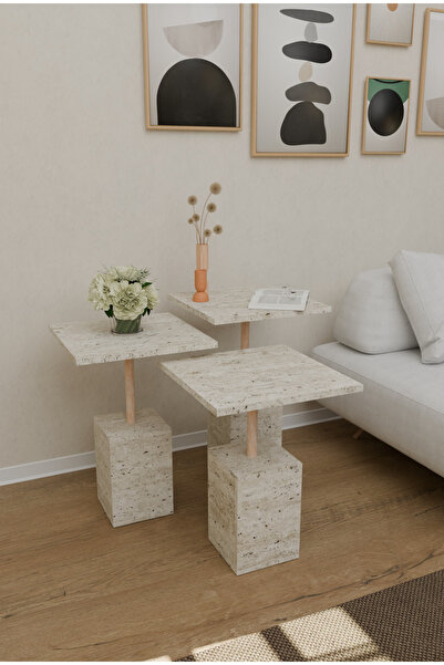 onehediye Traverten 3'lü Zigon Sehpa Yan Sehpa Ahşap Gövde