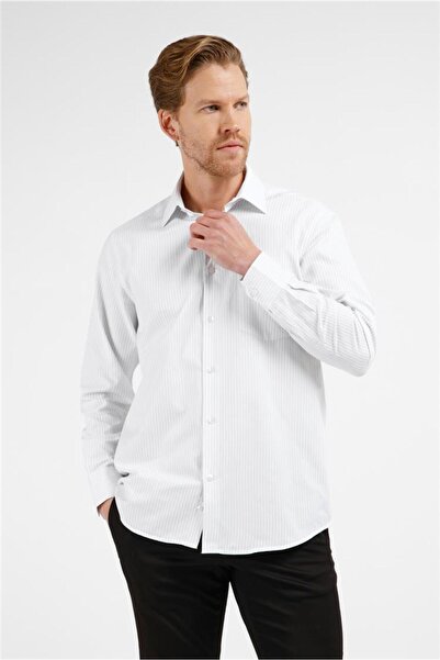 İmza Cămașă din bumbac cu model cu dungi albe și negre, guler rigid, mânecă l...