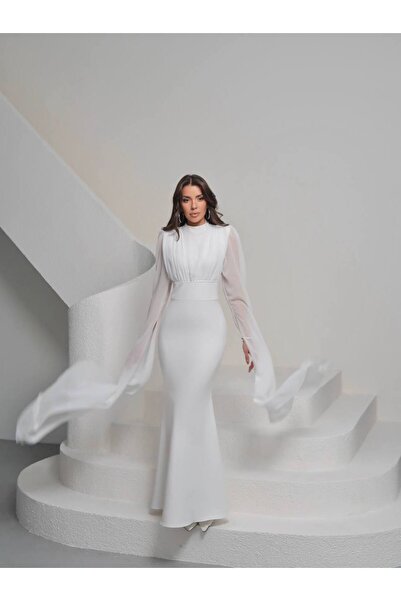 EtikaOnline Korsaj Baglamalı Tül Kol Uzun Elbise