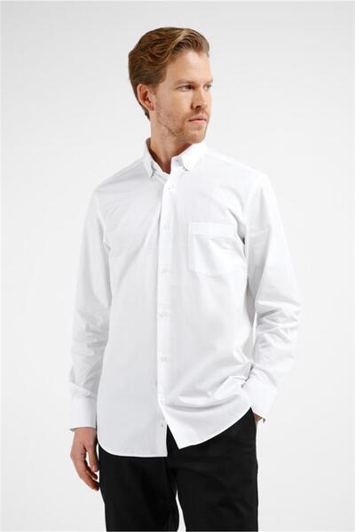İmza White Long Sleeve Buttoned Collar Plain 100% Cotton Comfort Fit Shirt 10...
