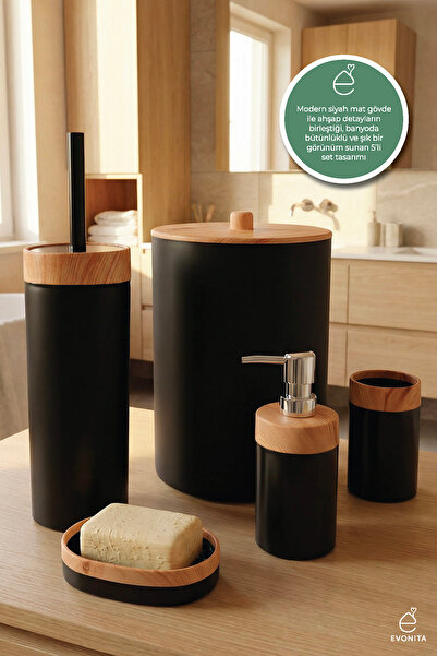 EVONİTA Ahşap Desenli 5'li Banyo Seti Çöp Kovası, Sıvı Sabunluk, Diş Fırçalık...