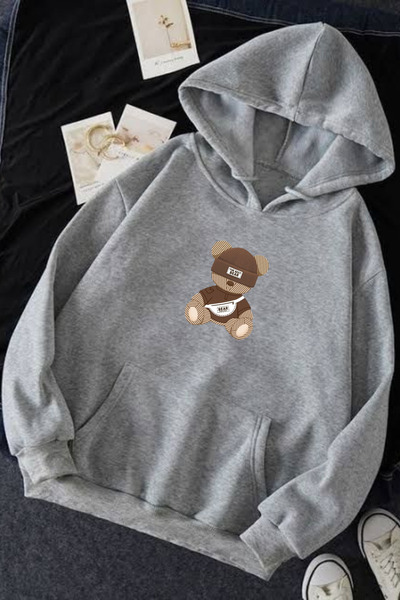 INFLUYENTE Men's Winter Bear Printed Cotton Hooded Sweatshirt with Kangaroo P...
