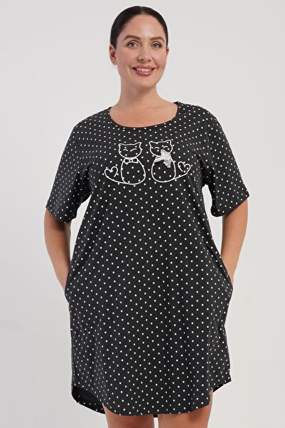 VİENETTA Women's Plus Size Short Sleeve Pocketed Polka Dot Anthracite Nightgo...