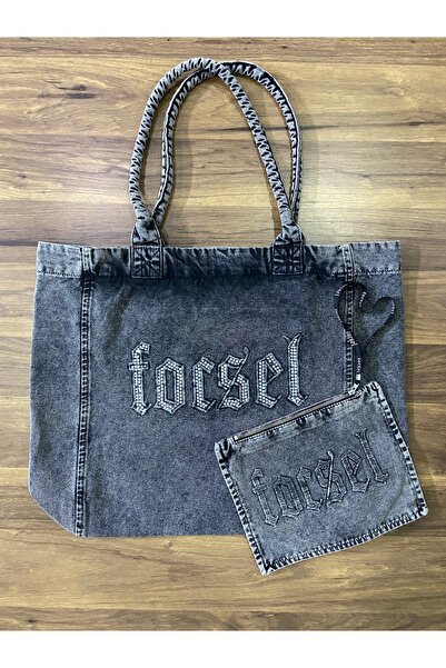 focsel Canvas Kumaş Taş Detaylı Tote Çift Çanta