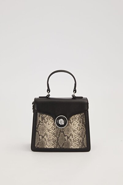Levidor Black Square Form Snake Leather Model Handbag