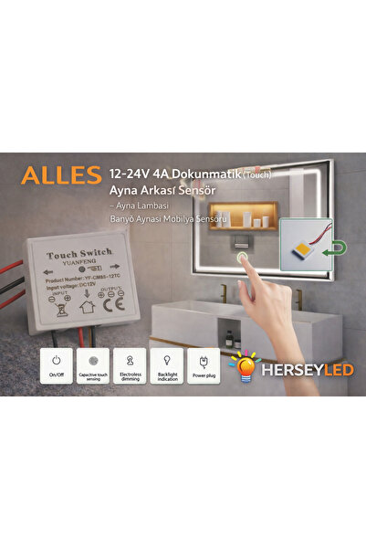 ALLES 12-24V 4A Dokunmatik (Touch) Ayna Arkası Sensör Ayna Lambası Banyo Ayna...