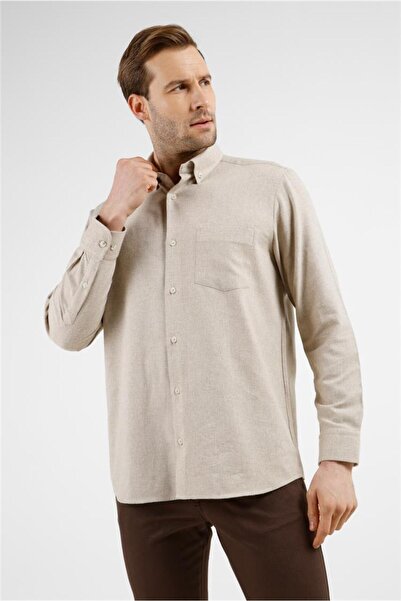 İmza Beige Buttoned Collar Long Sleeve Pocketed Comfort Fit Cotton Shirt 1004...