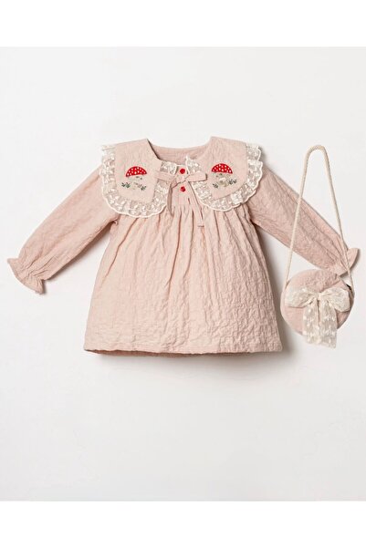 Butik KIZ BEBEK - ÇOCUK %100 PAMUKLU DANTEL YAKA DETAYLI ÇANTA AKSESUARLI ELBİSE
