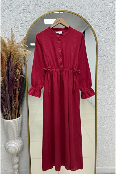 MİHRA STORE Almina Muslin Lace-Up Dress-Na2418 Red