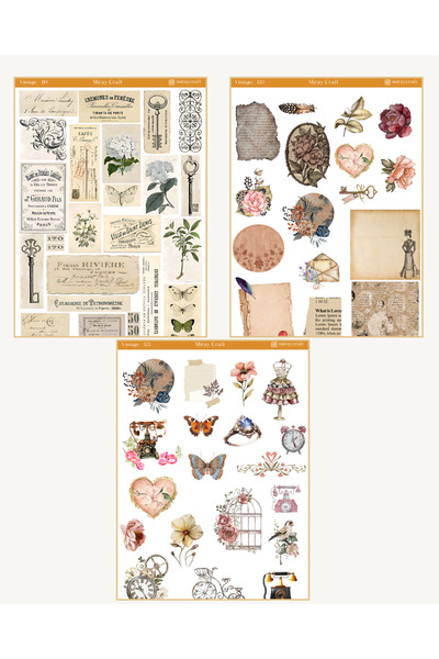 MirayDesign 6 Sayfa Vintage Temalı Sticker Seti (12*17 cm)/Scrapbook, Bullet Journal, Planlayıcı İçin