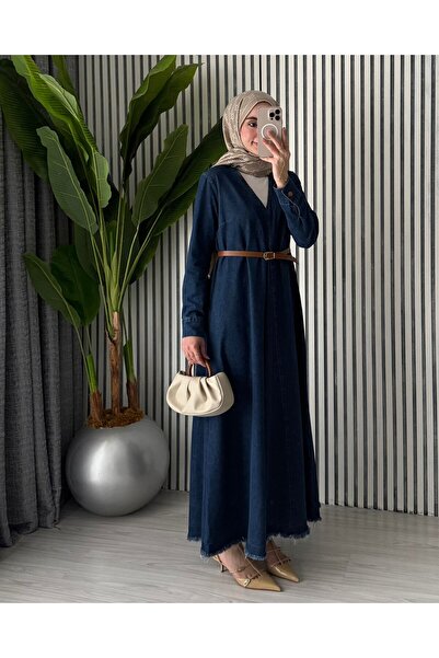 Molly Nelly Kadın V Yaka Pile Detaylı Oversize Kot Tesettür Elbise