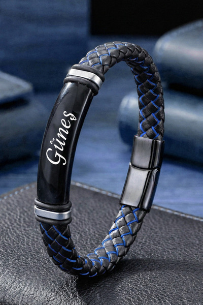 OSMANLI GÜMÜŞ Men's Leather Bracelet Black Steel Name-Engravable Black Blue K...