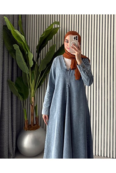 Molly Nelly Kadın V Yaka Pile Detaylı Oversize Kot Tesettür Elbise