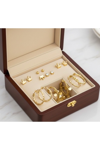 stainless steell gold renk 12 adet (6 çift) paslanmaz çelik küpe set 3