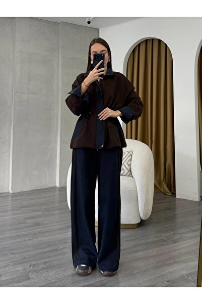 Coral Striped Garnished Suit 37060 Brown - Navy Blue