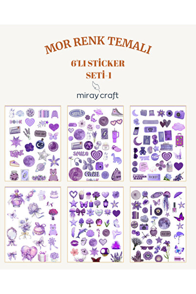 MirayDesign 6 Sayfa Mor Renk Temalı Sticker Seti (12*17 cm)/Scrapbook, Bullet...