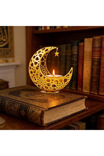 Pomefar زينة رمضان، حامل شموع رمضاني، شكل هلال ذهبي لتزيين الطاولات والحفلات