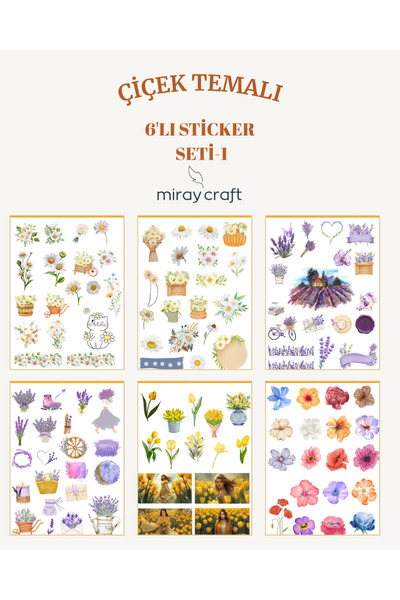 MirayDesign 6 Sayfa Çiçek Temalı Sticker Seti – 12x17 cm Scrapbook, Bullet Jo...