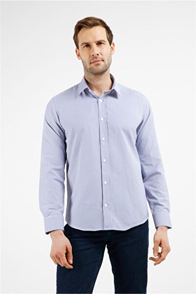 İmza Λευκό-Μπλε ριγέ μοτίβο με σκληρό γιακά, μακρύ μανίκι, χωρίς τσέπες, βαμβ...