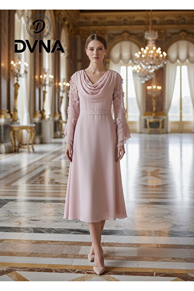 DVNA Midi dress with three-dimensional floral details and pleated chiffon ruf...