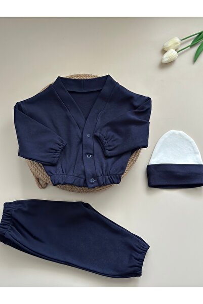 Mama Miel Baby Navy Blue Combed Cotton Jacket Pants Beret Set - 100% Cotton