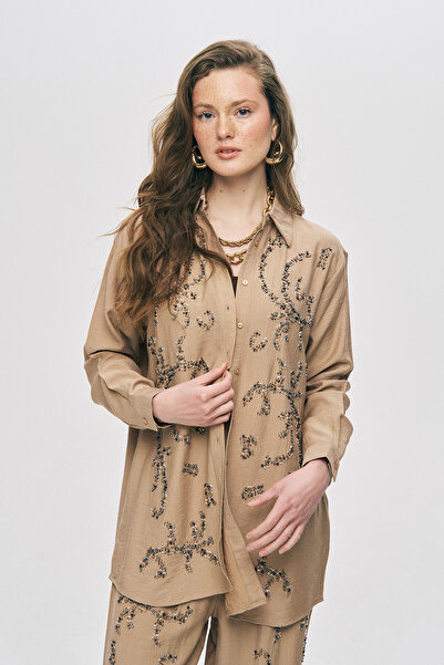 Orfeo Negro Women's Sapphire Bead Embroidered Silky Viscose Oversize Shirt