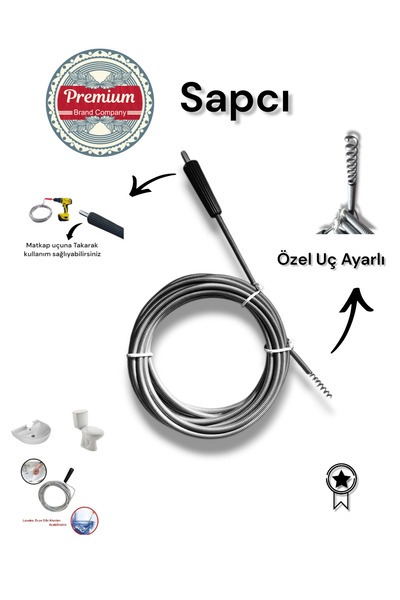 Sapcı Premium 7 metre 9 mm Matkaplı Kullanım Özel Seri Uçlu Lavabo Gider Açıc...