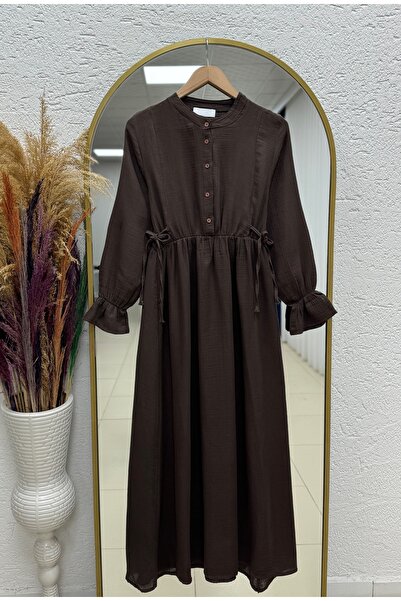 MİHRA STORE Almina Muslin Lace-Up Dress-Na2418 Brown