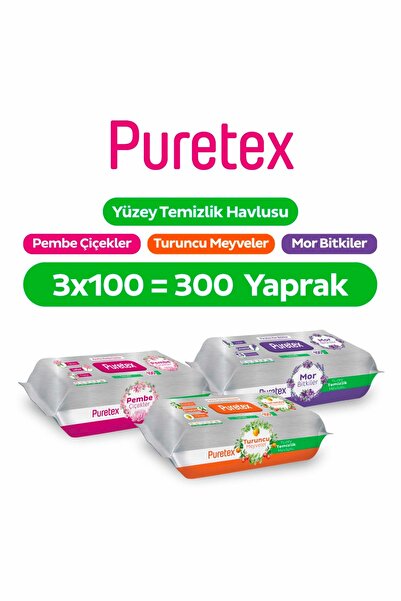 puretex Yüzey Temizlik Havlusu Pembe Çiçekler+Turuncu Meyveler+Mor Bitkiler 3...