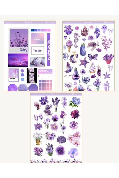 MirayDesign 6 Sheets Purple Color Themed Sticker Set (12*17 cm)/For Scrapbook, Bullet Journal, Planner