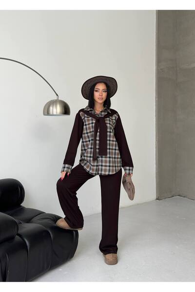 ebru akten butik طقم مكون من قميص وبنطلون بتفاصيل منقوشة ومزينة بالكاروهات