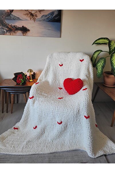 ARTTMACRAME Valentine's Day Special Handmade Puffy Blanket & Heart Pillow Set...