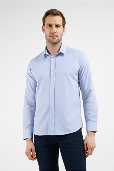 İmza Λευκό - Μπλε ίνδιγκο με ριγέ σχέδιο, σκληρό γιακά, μακρύ μανίκι, χωρίς τ...